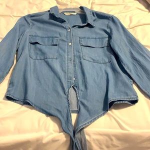 Soft blue, premium denim, tie in the front jacket